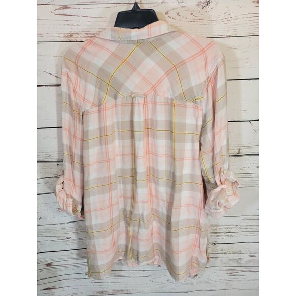 Catherines Button Down Shirt Plus Size 1X Pink Tan Plaid Roll Tab Sleeve Women's - Picture 5 of 9